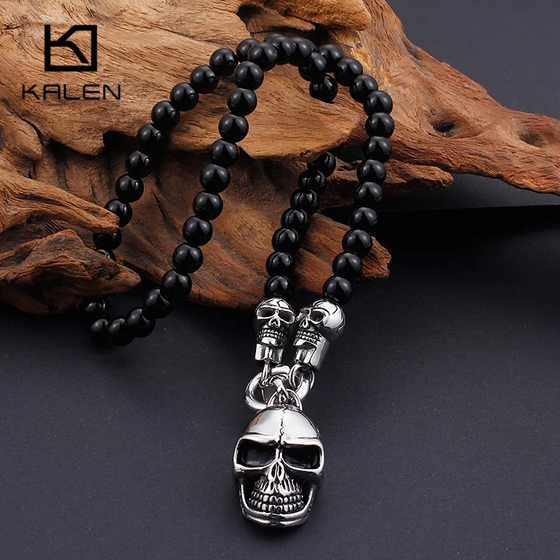 KALEN, африканские стеклянные бусины 47 см, 50 см, 60 см, 75 см, ожерелья-цепочки для мужчин, панк, нержавеющая сталь, Череп, кулон, состояние, для мужчин, t, колье, ювелирные изделия