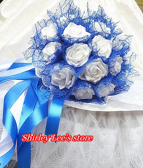 

New Arrival!! 1pc X Pretty White Rose Wedding Flowers Bridal Bouquets W/Blue Net ,Bride Bouquet