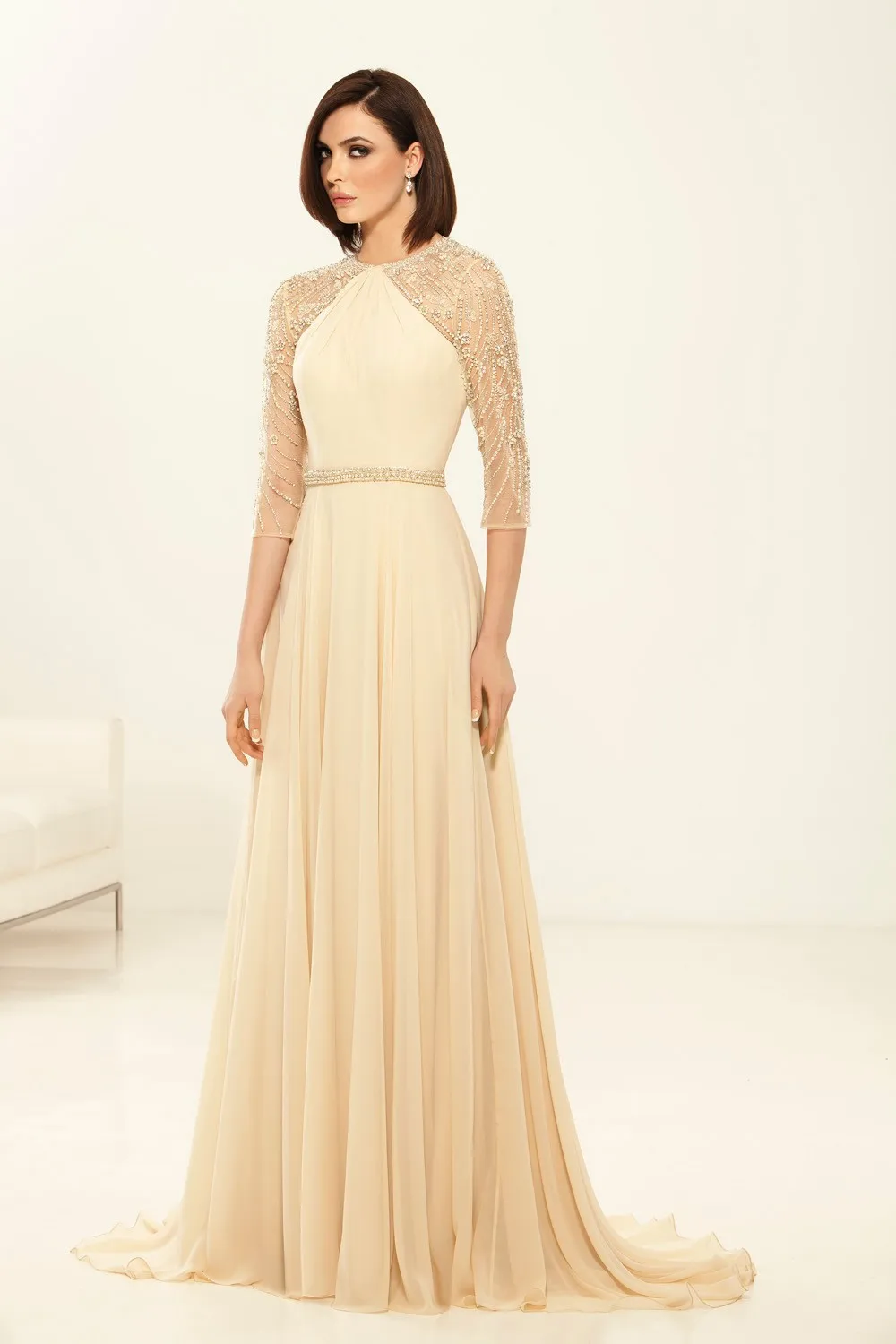 elegant luxury mother of the bridal dress 2016 o neck beaded champagne chiffon women formal evening gown for party | Свадьбы и