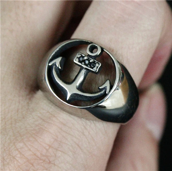2017 New Style Anchor Ring With Black Crystal Stones 316L Stainless Steel Men Boys Hot Selling Cool Hollow | Украшения и