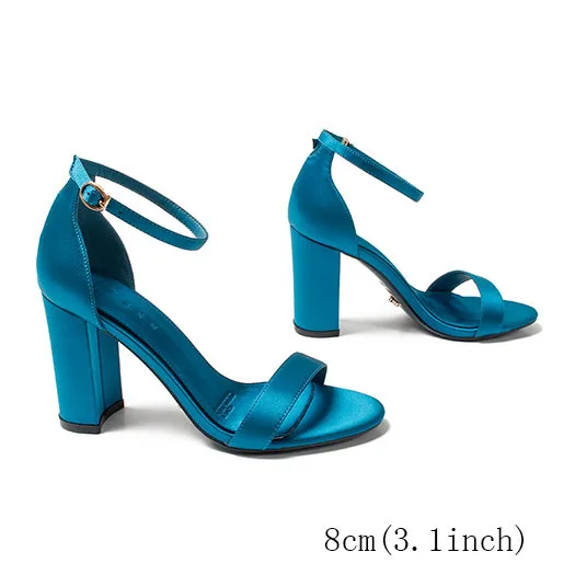 peacock blue 8cm Женщины сандалии лето ремень для лодыжки насосы дизайнер коренастый сатин обувь дамы свадебный свадьба толстый бирюзовый открытые носки каблуков Коренастый Лето - Цвет: peacock blue 8cm