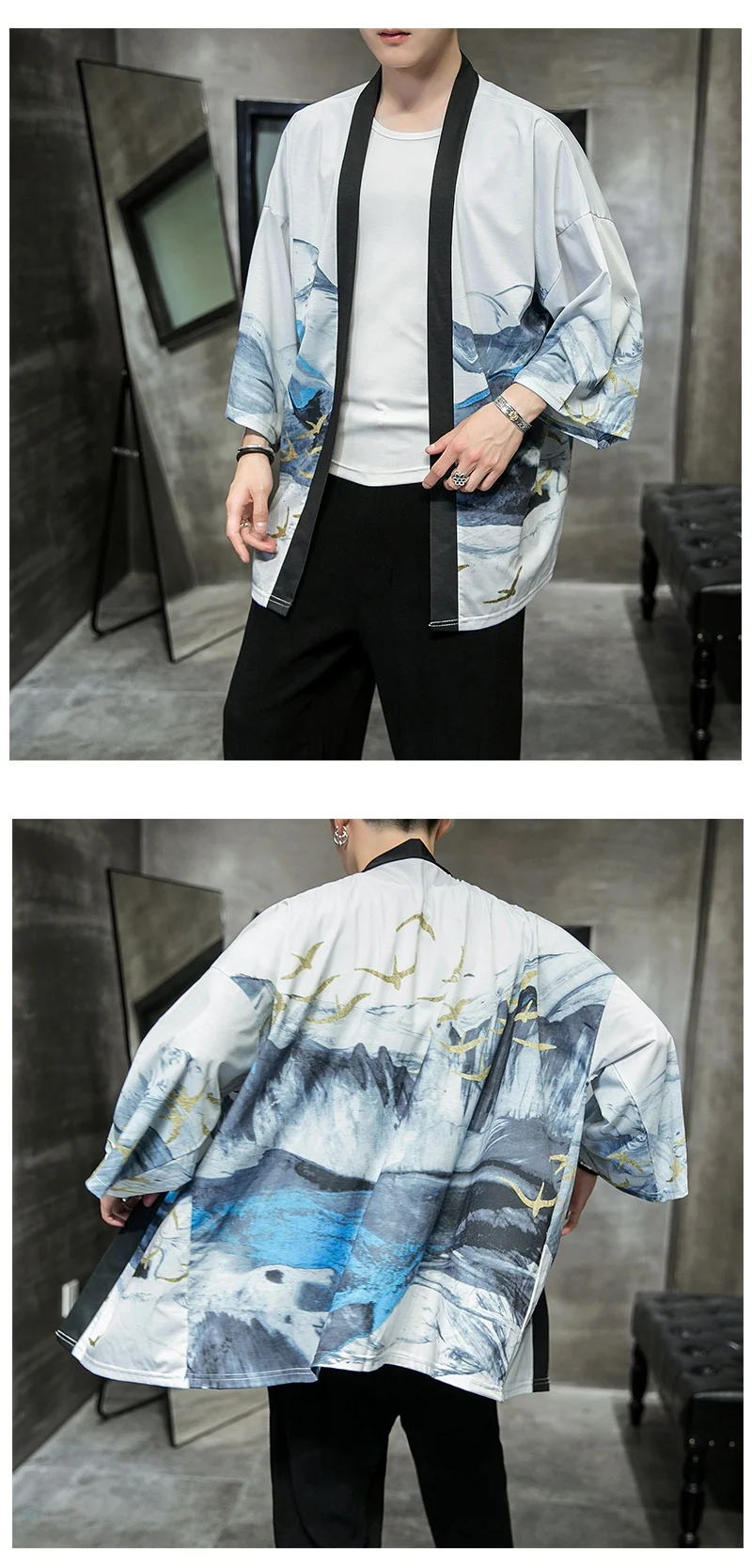 KUANGNAN Wild Goose Print Kimono Men Japanese Kimono Cardigan Harajuku Kimono Shirt Men Streetwear Hawaiian Shirt Men