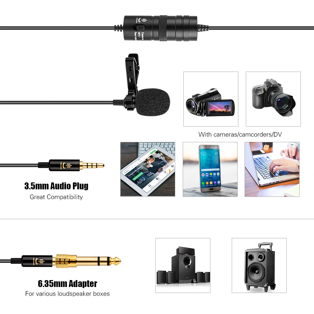 Professional Lavaliere Clip-on Microphone Mic 3.5mm 6 Meters Cable Windshield for Canon Sony Nikon Cameras Camcorders DV DSLR |