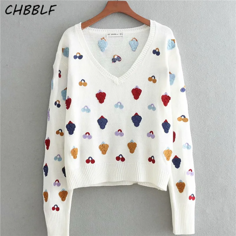 CHBBLF women V neck fruits embroidery sweaters long sleeve stretchy pullovers stylish female casual chic tops BGB8606 | Женская одежда