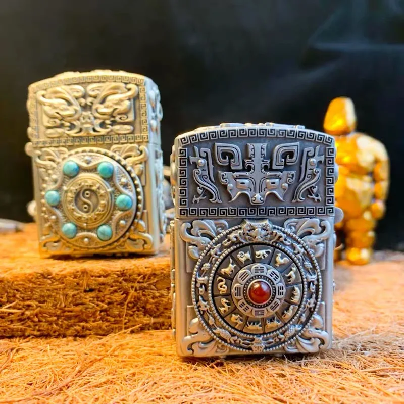 Винтаж латунь Зажигалка бензиновая Китайский классический стиль «good luck 2 двусторонний рисунок вращающиеся сигареты бензиновый зажигалка подарок
