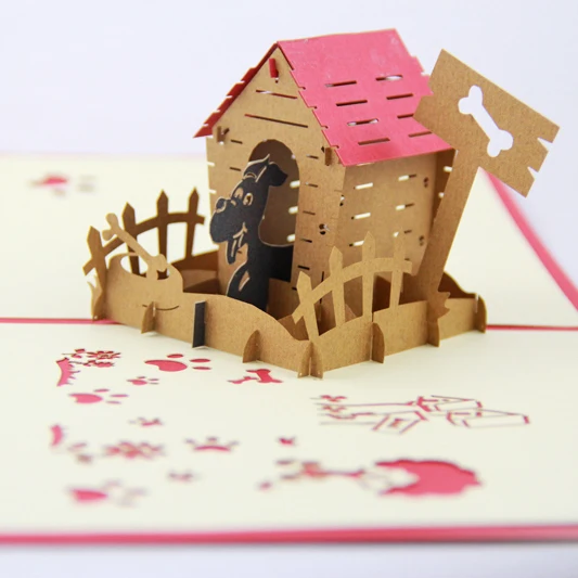 Собака дом День рождения карты/3D всплывающие Поздравительные открытки/подарок