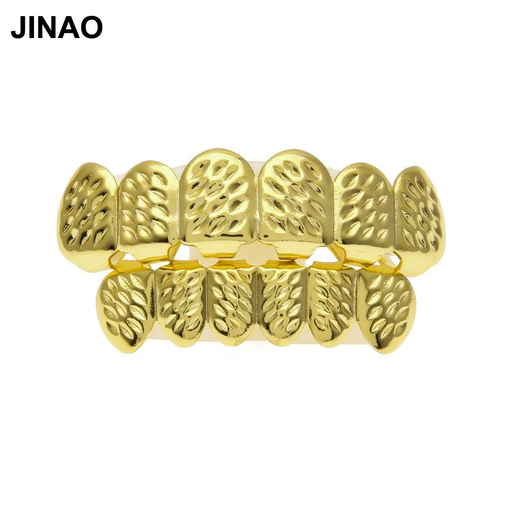 JINAO выпуклая форма позолоченные хип-хоп ЗУБЫ грили D-Cut Верхняя и нижняя гриля набор с силиконовыми вампирскими зубами гриль набор