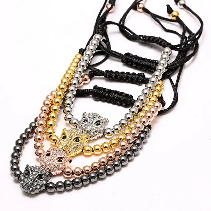 Модные мужские браслеты и микро паве CZ голова леопарда Плетеный макраме Шарм