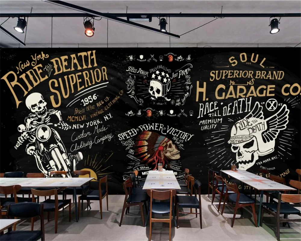 Обои на заказ Европейский и американский мотоцикл череп бар KTV граффити фотообои