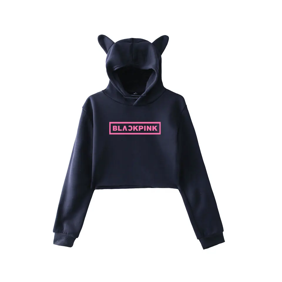 WEJNXIN Kawaii худи с кошачьими ушами для женщин Kpop BLACKPINK вентиляторы Толстовка поддержка дамы BLACKPINK Письмо печати укороченный Топы Одежда