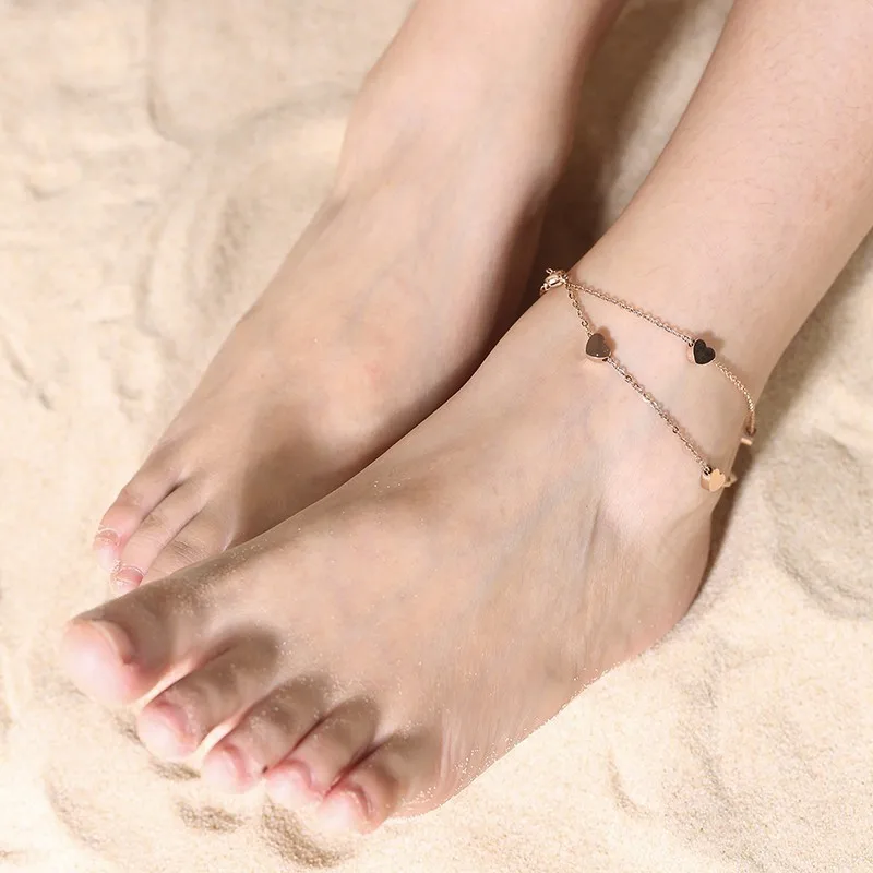 

Vnox Heart Anklet Women Double Layer Rose Gold Color Foot Chain