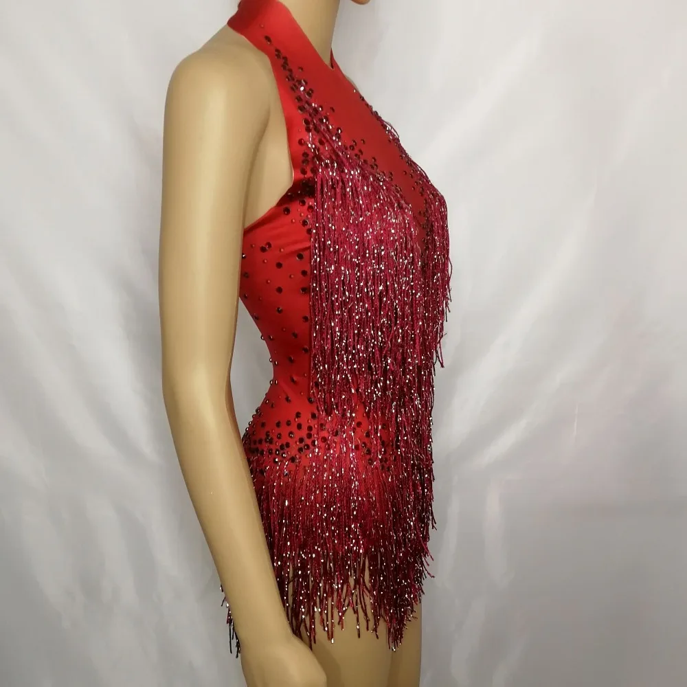 Female Dance Teams Jazz Stage Outfit Red Tassels Rhinestones Backless Bodysuit Nightclub Bar DJ Singer Latin Pole Dance Costume