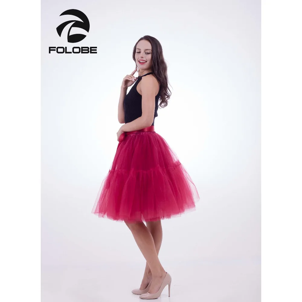 

FOLOBE Wine Red Women Dancewear Ball Gown Midi Tutu Tulle Skirts Women Casual Lolita Petticoat faldas mujer saias Jupe