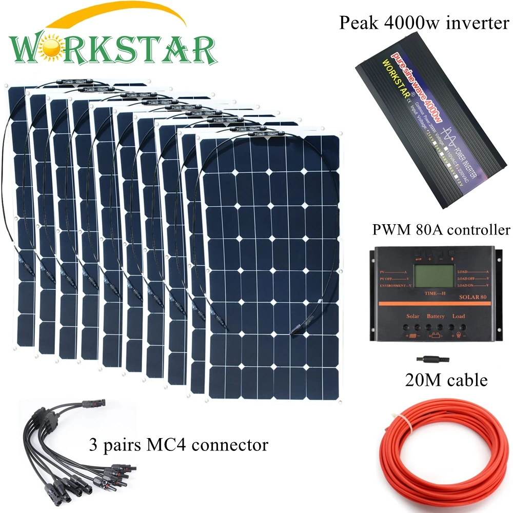 WORKSTAR 10*100 Вт Солнечная энергия гибкие солнечные панели с 80A контроллером и 4000