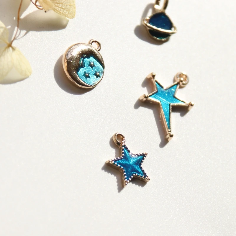 

12-22MM 44Pcs Blue Tone Mix Star Moon Glazing KC Gold Alloy Jewellery Pendants Jewelry Charms