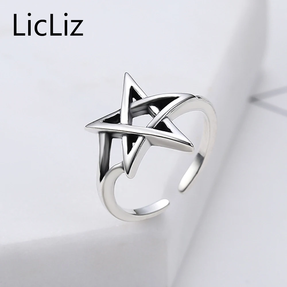 LicLiz, трендовые, 925 пробы, серебряная звезда, регулируемые, открытые, манжеты, кольца для женщин, полая пентаграмма, кольцо, полоса, античное ювелирное изделие LR0324