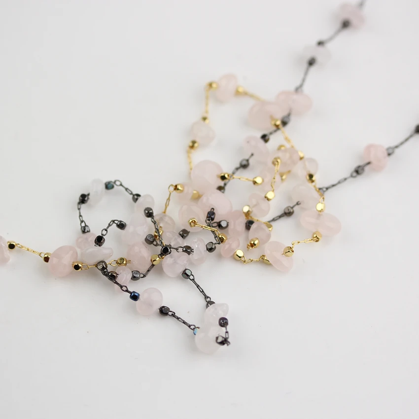 

Raw Pink Quartz Chips Beads,Polished Pink Crystal Nuggets Chains,Wire Wrapped Golden/Black Plated Copper Links Jewelry