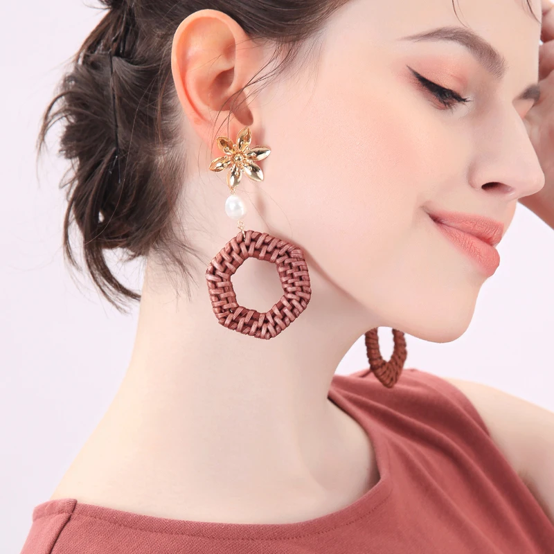 Trendy Bohemia Handmade Straw Woven Earrings Geometric Round Square Shape Stud For Women Fashion Jewelry | Украшения и аксессуары