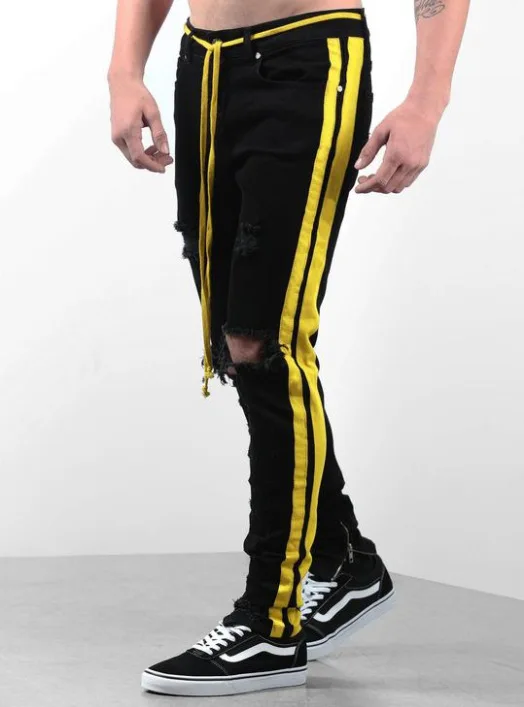Новый Masculina Pantalones Для мужчин джинсы Para эластичные желтый лямки черный