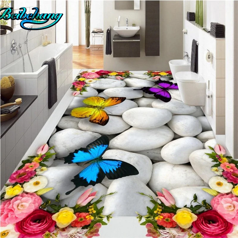 

beibehang 3D Rose Butterfly Pebble Bathroom Living Room Floor Decoration Large Custom Wallpaper Mural
