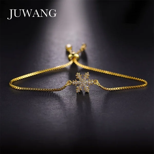 gold JUWANG браслет со снежинками для женщин и девочек, кубический цирконий, серебряный цвет, звено цепи, женский браслет, рождественский подарок - Окраска металла: gold