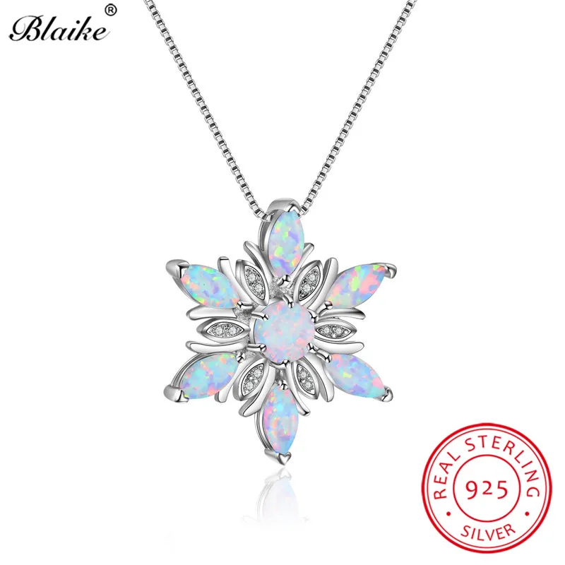 Blaike 925 пробы серебряные подвески со снежинками для женщин розовый/синий/белый огненный опал Ожерелья Радужный камень чокер в подарок - Цвет камня: White Opal Necklace