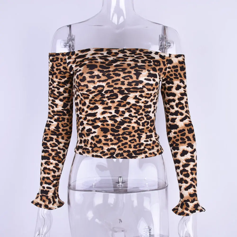 Leopard Новая женская модная повседневная тонкая футболка с открытыми плечами, футболка с длинным рукавом, Короткие топы с леопардовым принтом, вечерние Клубные футболки - Цвет: Leopard