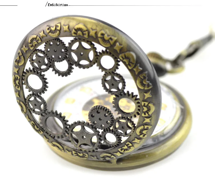 Brown Antique Gear Skeleton Mechanical Hand Wind Pocket Fob Watches Clamshell Men's Watch Pendant Necklace Retro Souvenir Gift | Наручные