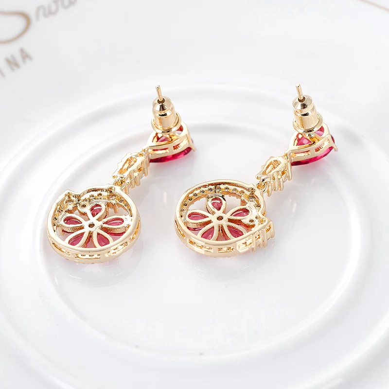 LUOTEEMI Brand New Fashion Flower Red Crystal Drop Earrings Elegant Champagne Gold-Color Wedding Brinco Jewelry for Bridal | Украшения и
