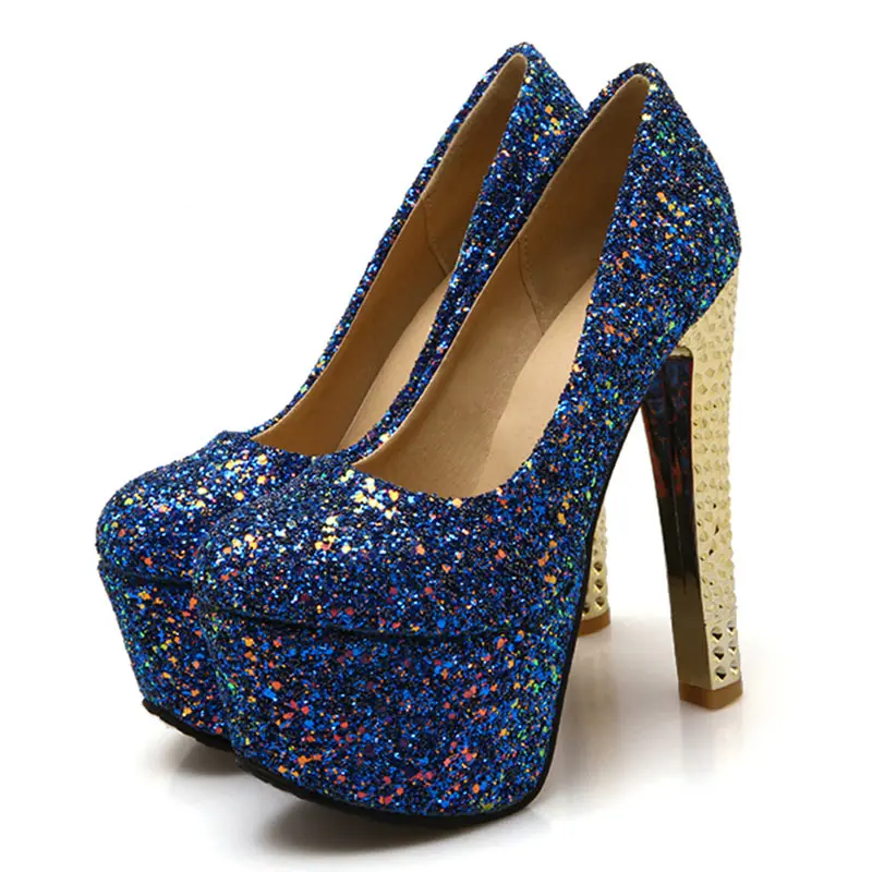 Синий Lasyarrow Brand Shoes Women Platform High Heels Pumps Round Toe Bling Bling Silver Party Wedding Shoes Thick Heels Big Size F79 - Цвет: Синий