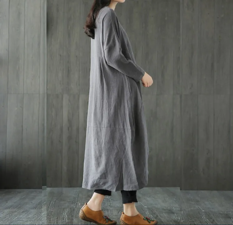Хлопковое и льняное платье женское с длинным рукавом элегантное свободного