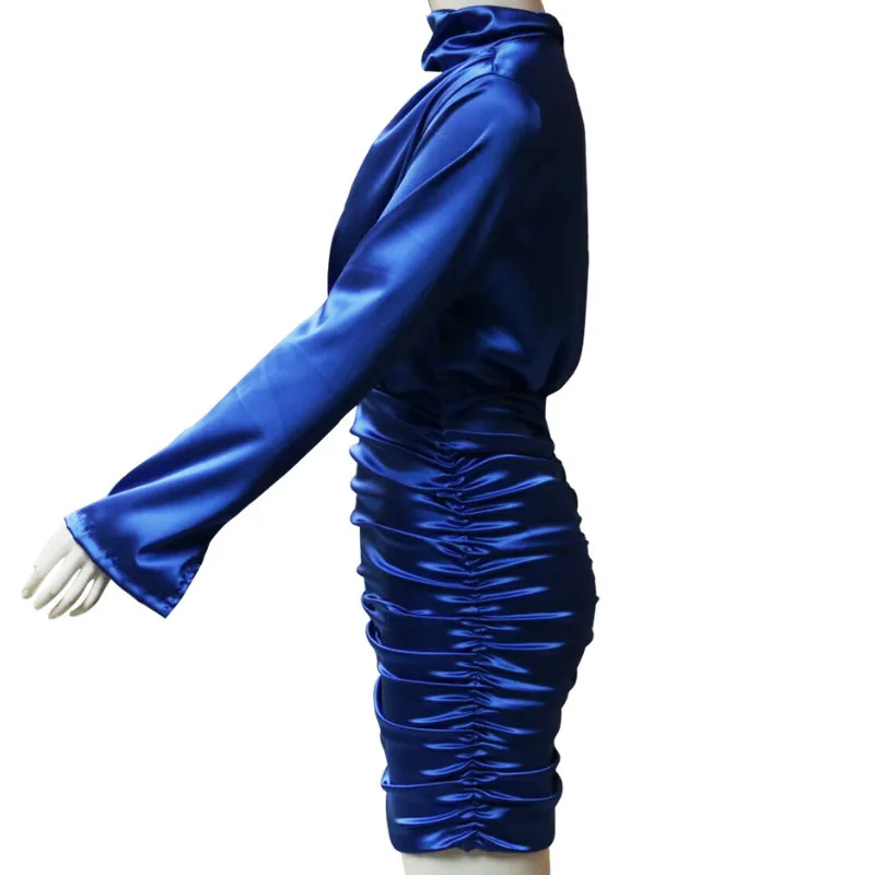 

Elegant Turtleneck Folds Package Hip Dress Pleated Faux Silk A-Line Satin Luster Party OL Mini Dress Long Sleeved Zipper Tops