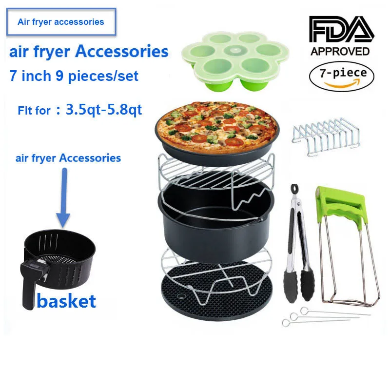 black Новая воздушная фритюрница аксессуары 7 дюймов для 5.8QT XL воздушная фритюрница, набор из 9, подходит для Airfryer 3.5QT-5.8QT, комплект аксессуаров для фритюрницы - Цвет: black