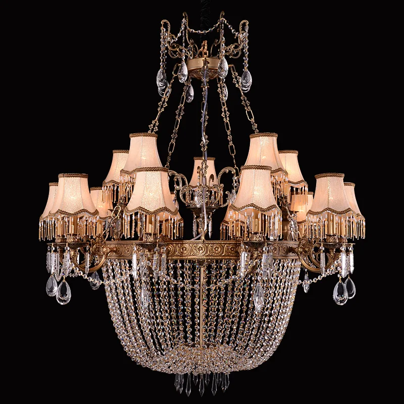 Villa Large Retro Bronze Chandelier Crystal Chandeliers lustre hotel Pure Copper lamp lampshade cristal Lustres E Pendentes Sala | Лампы и