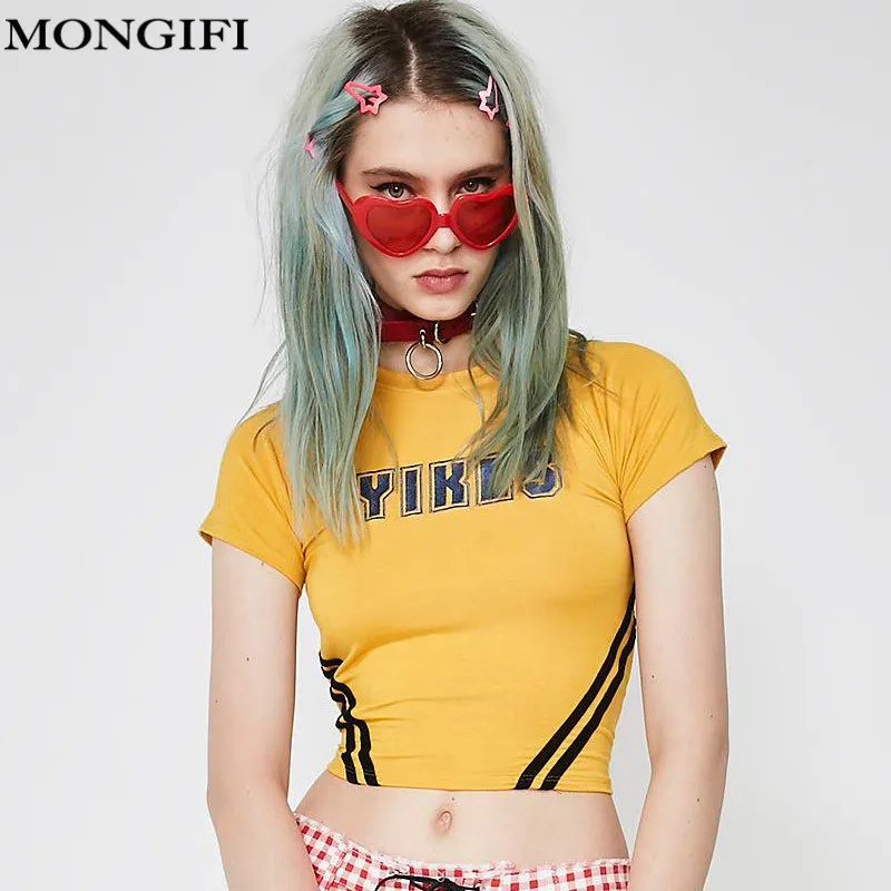 MONGIFI хлопок футболки с надписями Для женщин Клубная одежда желтый укороченный