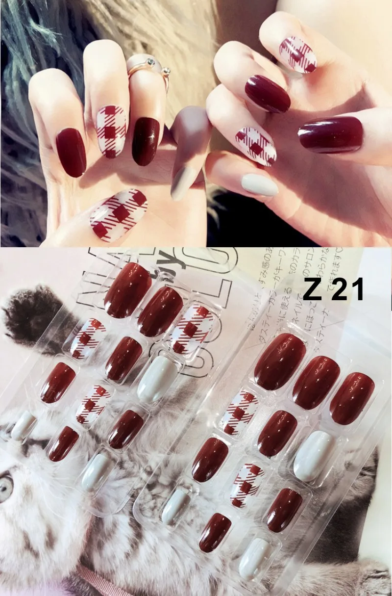 24 Pcs/Set False Nails Full Cover Artificial Fake Nails Press On Tips Painted Design Stickers Short Art Tips with Color Cute Red - Цвет: Z 21