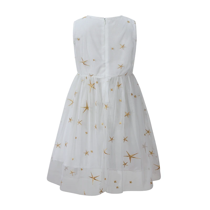 Cenicienta Kid dresses for Girl O-Neck Sleeveless Star Embroidery Summer Foormal Style Children Clothing White Cotton Dress | Детская