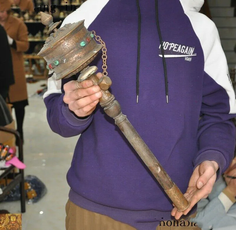 

wedding decoration 21"Tibetan Buddhism Bronze Inlay turquoise gem Wood flower pattern Prayer Wheel