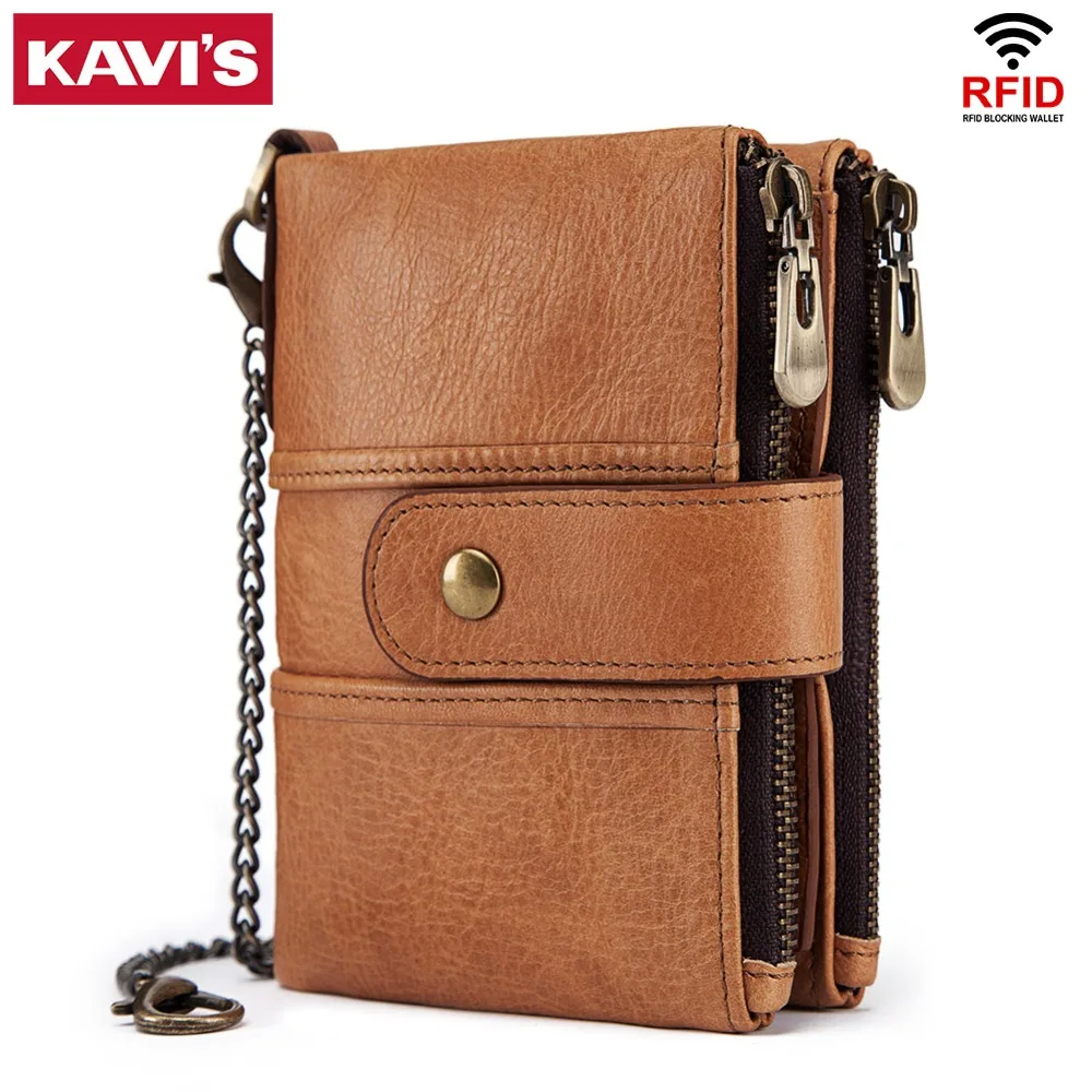 KAVIS натуральная кожа Rfid кошелек для мужчин Crazy Horse кошельки Портмоне Короткий Мужской кошелек качество с цепочкой маленький кошелек
