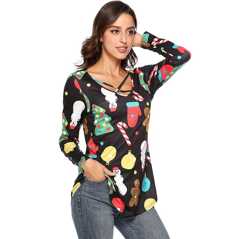 JSMYGS 2018 Christmas T-shirt Women Long Sleeve Tees Female Snowman Print Slim T Shirts Fashion Casual Pullover Tops | Женская одежда