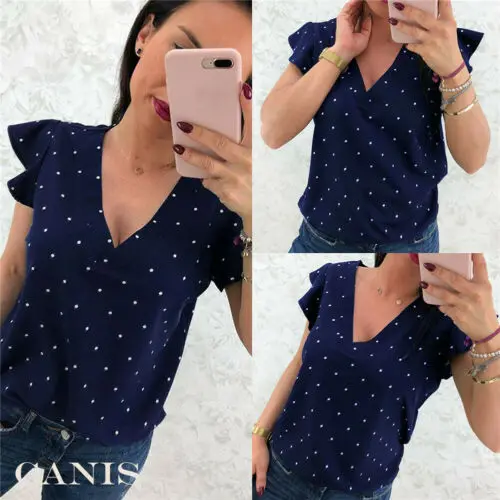 Женская футболка в горошек с V образным вырезом и коротким рукавом|Футболки| |