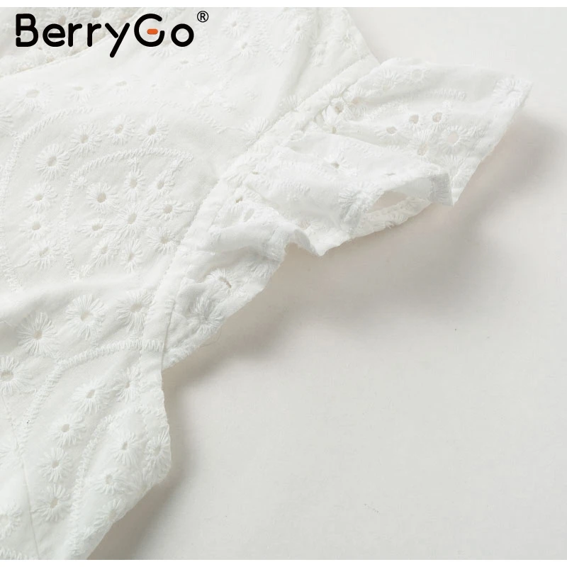 Berrygo спинки v шеи рюшами Белое Женское Платье Лето вышивка хлопок короткий Элегантное платье без рукавов праздничное платье женский