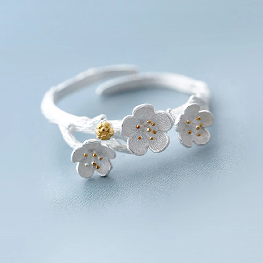 Kinitial New 925 Sterling Silver Plum Flower Rings for Midi Jewelry Fashion Open Adjustable Finger Ring women Gift | Украшения и