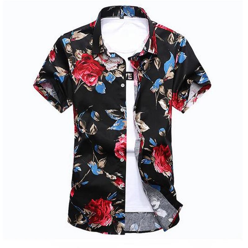 Новая летняя мода Мужская рубашка Slim Fit короткий рукав Футболка с цветочным