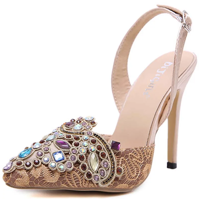 Женские сандалии с ремешком вокруг лодыжки на тонком каблуке украшенные