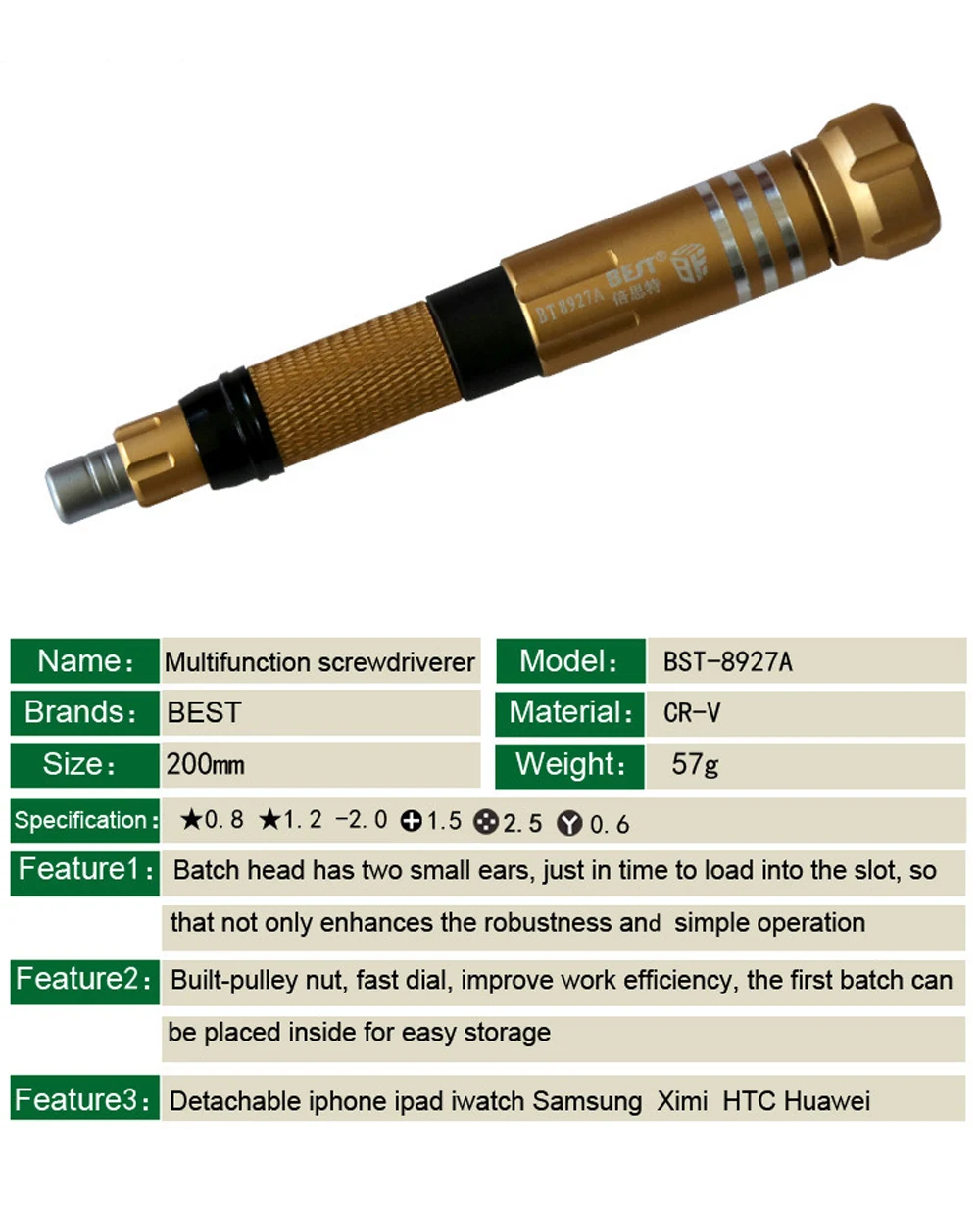 BST-8927A многофункциональная 6 в 1 Прецизионная Магнитная отвертка Набор для смартфона iPhone iWatch ноутбук инструменты обслуживания