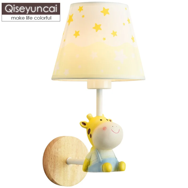 

Qiseyuncai Nordic simple children's room wall lamp cute animal cartoon male girl bedroom bedside wood wall lamp free shipping