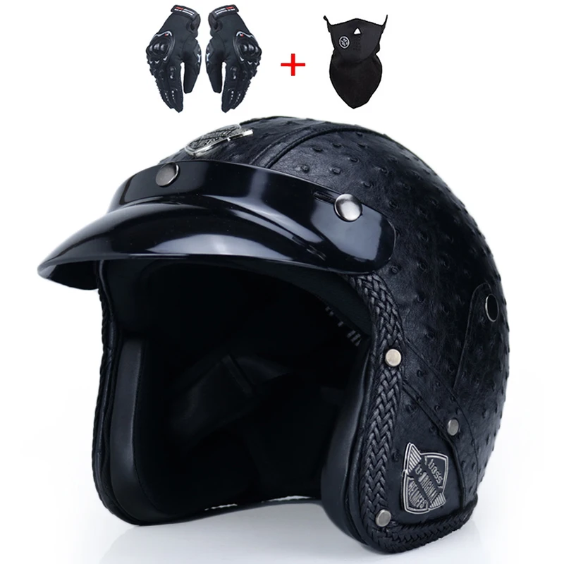 Мотоциклетный шлем ретро винтаж синтетическая кожа с открытым лицом|mask detachable