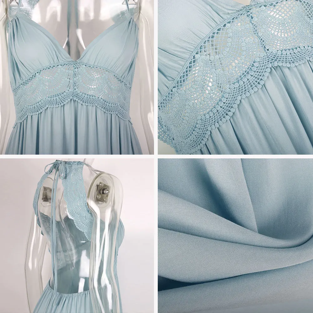 Летнее женское богемное платье с открытой спиной и глубоким v-образным вырезом