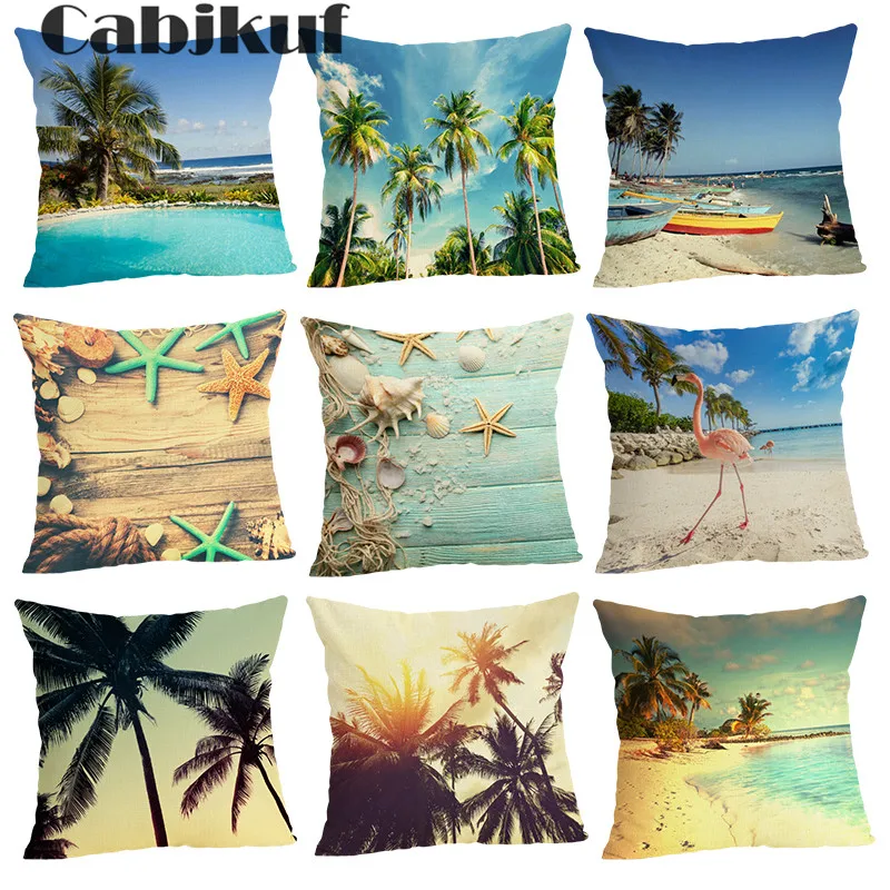 New 45x45 Seaside Scenery Housewear Leaf Ocean Chair Cushion Cover Soft Pillow Case Cojines Almofadas Cotton Linen Square | Дом и сад